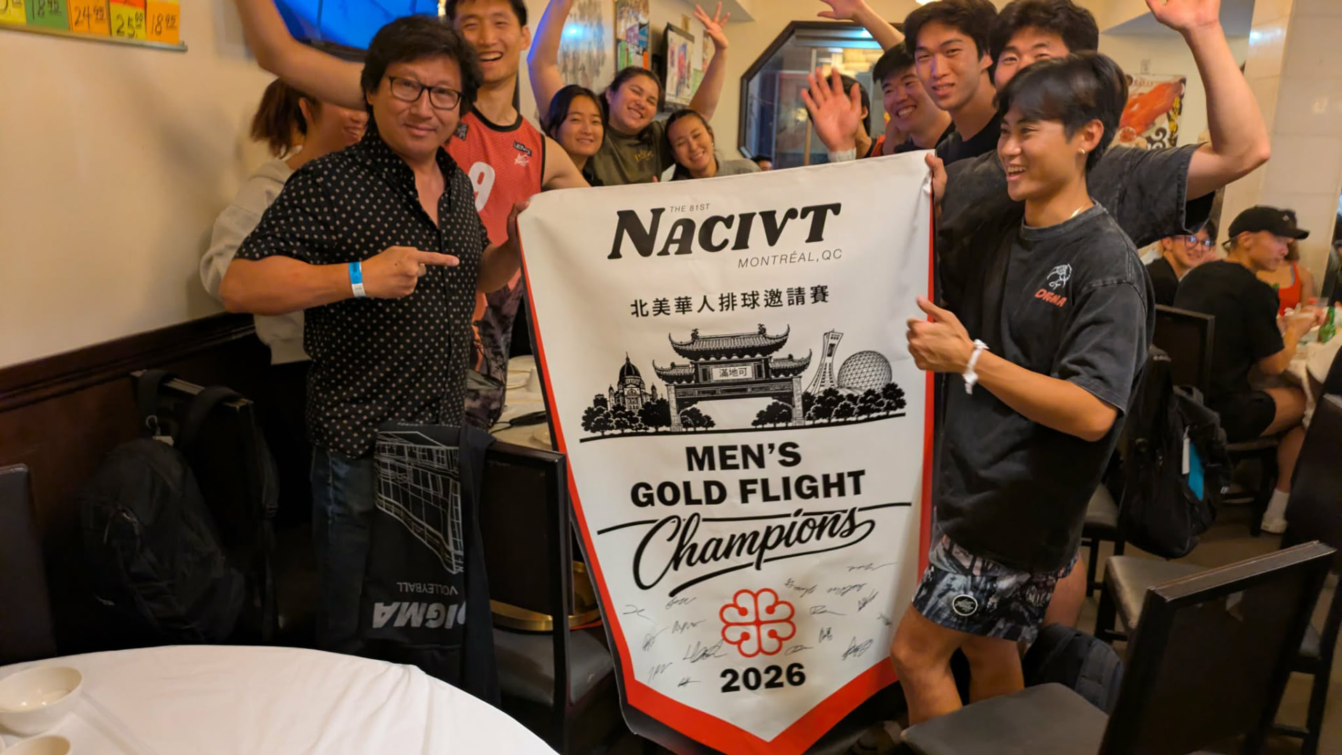 Men's Gold Flight champions celebrating with their banner at the 81st NACIVT